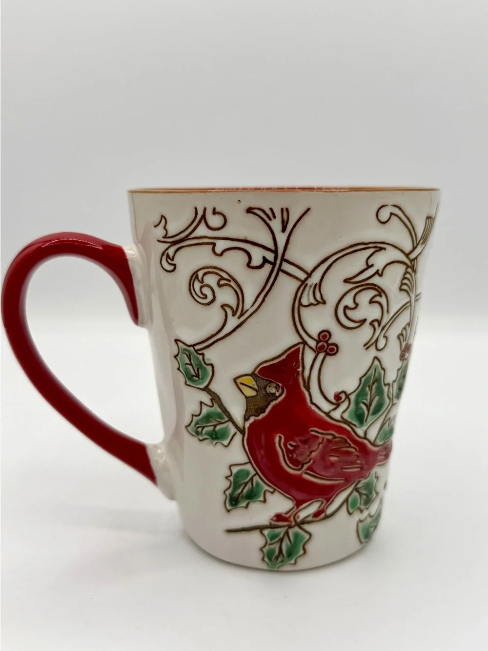 Christmas Cardinal Coffee Mug Holly Scroll Ceramic Red White Large Cup